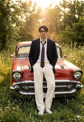 A man in a navy blazer leans against a vintage red car. — Nano Banana 2 AI Prompt: Use the same face from reference image and generate a picture of this man with s...