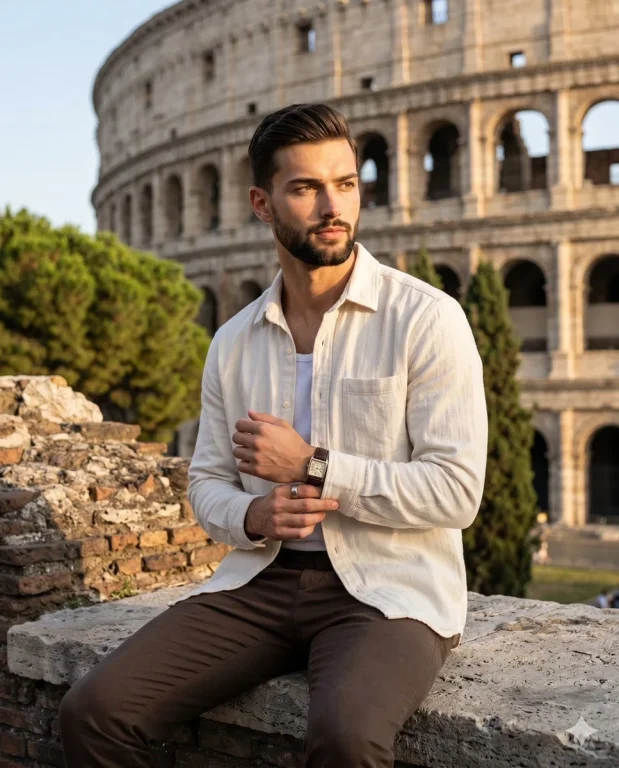 Sunlit man in off-white shirt sits on ancient Roman wall