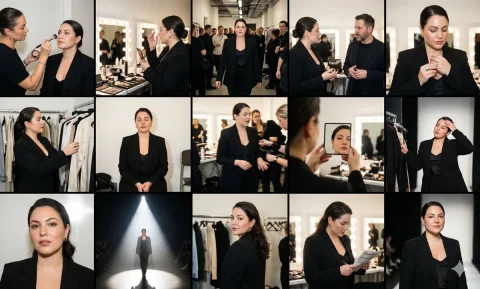 A model prepares backstage during a hectic fashion week show — Nano Banana 2 AI Prompt: Ultra-photorealistic editorial collage arranged as a 5x3 backstage fashion week...