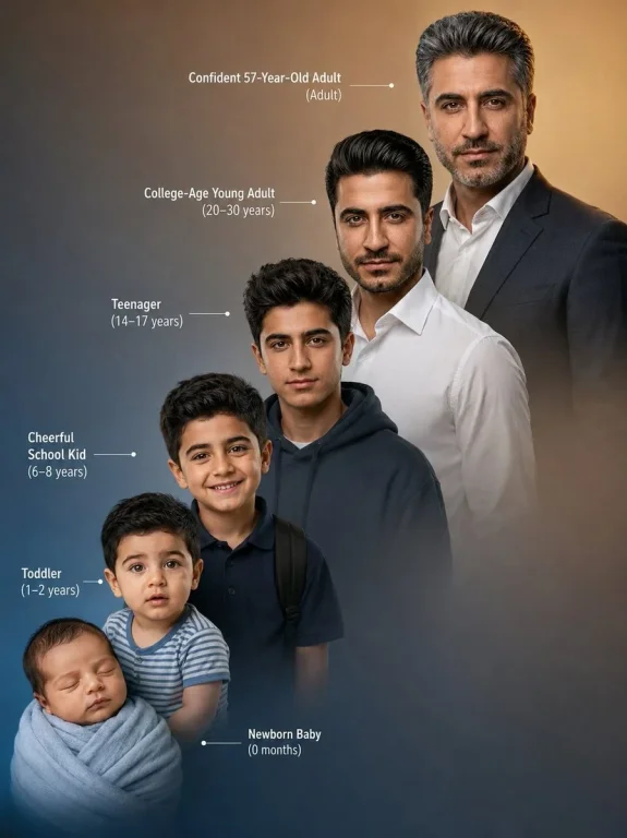 A handsome man progresses through six life stages in a vertical composite