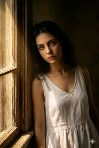 A young woman with green eyes leans by a rustic window — Nano Banana 2 AI Prompt: A cinematic, moody portrait of a young woman with captivating light green eyes a...