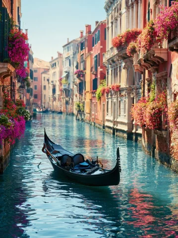 Empty Gondola on Venice Canal — Midjourney v6 AI Prompt: A traditional Venetian gondola floating gracefully through a picturesque Venice...