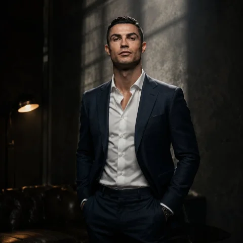 A confident executive in navy suit stands beneath dramatic spotlight. — Nano Banana 2 AI Prompt: Photorealistic luxury fashion portrait of an athletic male executive standing be...