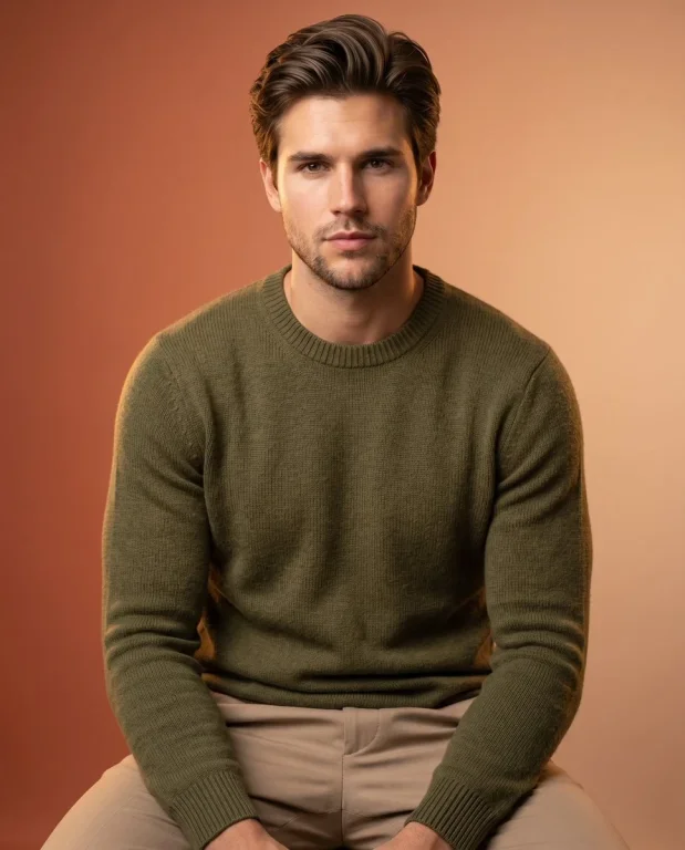 A man in olive sweater and beige trousers poses in studio