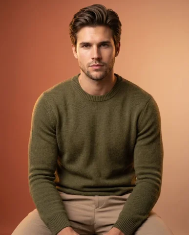 A man in olive sweater and beige trousers poses in studio — Nano Banana 2 AI Prompt: Create an ultra premium studio portrait using the uploaded person’s REAL face, h...
