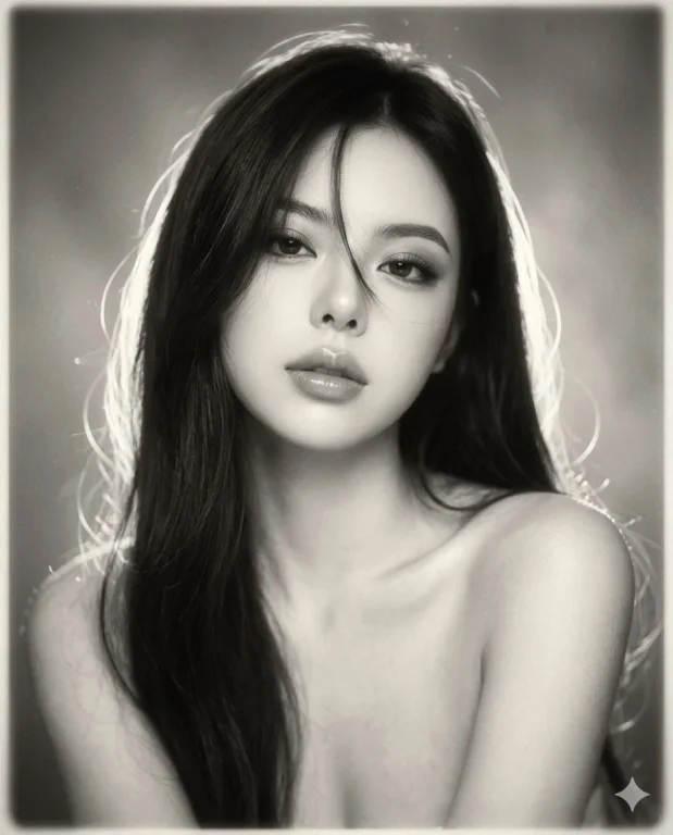 A monochrome glamour portrait with soft halo backlight