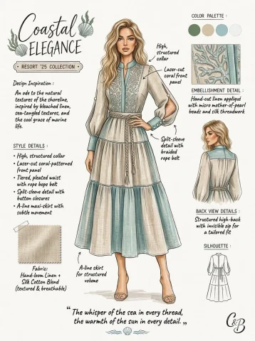 Blonde model poses in coastal resort maxi dress sketch — Nano Banana 2 AI Prompt: A professional fashion design sketch and tech pack layout presented on a texture...