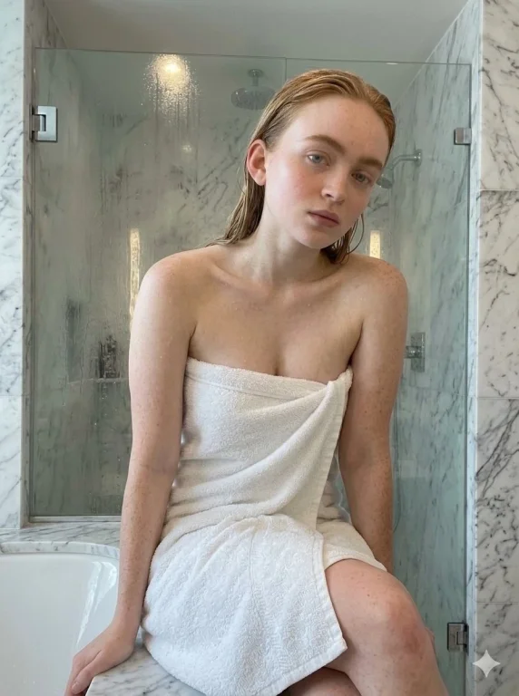 Woman with wet skin after shower poses for close-up selfie in bathroom