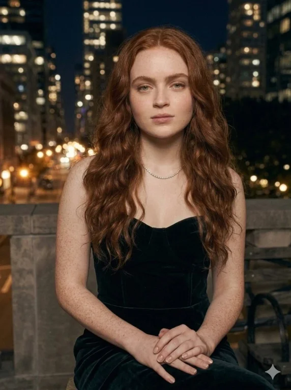 Red-haired woman poses confidently in neon-lit urban night street