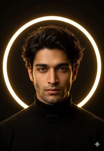 A sacred golden halo frames a man's commanding portrait — Nano Banana 2 AI Prompt: Use the exact same face from the reference image and Ultra realistic close-up st...