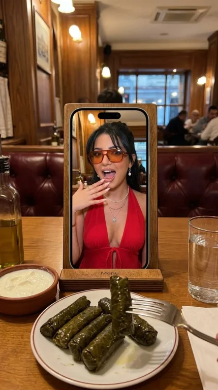 A smartphone displays a woman's portrait on a cozy Istanbul table.