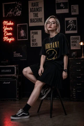 A stylish young woman in a dark music studio sits confidently — Nano Banana 2 AI Prompt: Ultra-realistic fashion editorial photography, [beautiful stylish young woman] s...