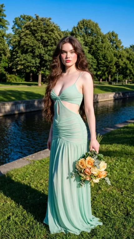 Young woman in mint dress poses by stream with bouquet