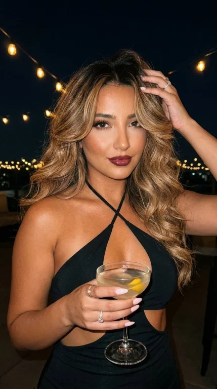 Woman in black dress raises cocktail under golden bokeh lights