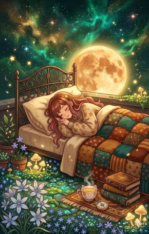 A girl sleeps beneath a cosmic night sky with glowing mushrooms — Nano Banana 2 AI Prompt: An anime-style digital illustration of a young girl with long, wavy brown hair p...