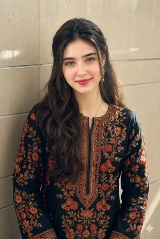 Young woman in embroidered dress smiles against beige tile wall — Nano Banana 2 AI Prompt: A beautiful young woman with fair skin and long, silky dark-brown hair cascading...