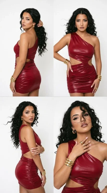 Four editorial poses showcase a woman in a bold red dress
