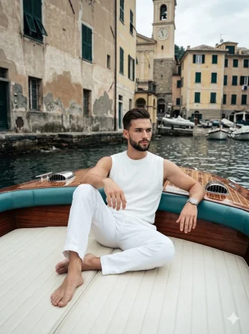 A contemplative man in white linen leans on a classic wooden boat. — Nano Banana 2 AI Prompt: A young athletic man sits gracefully centered on an off-white paneled leather su...