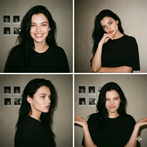 A collage captures four moods of a woman with messy hair — Nano Banana 2 AI Prompt: A 2x2 grid photo collage showing four different expressions of a young woman wit...