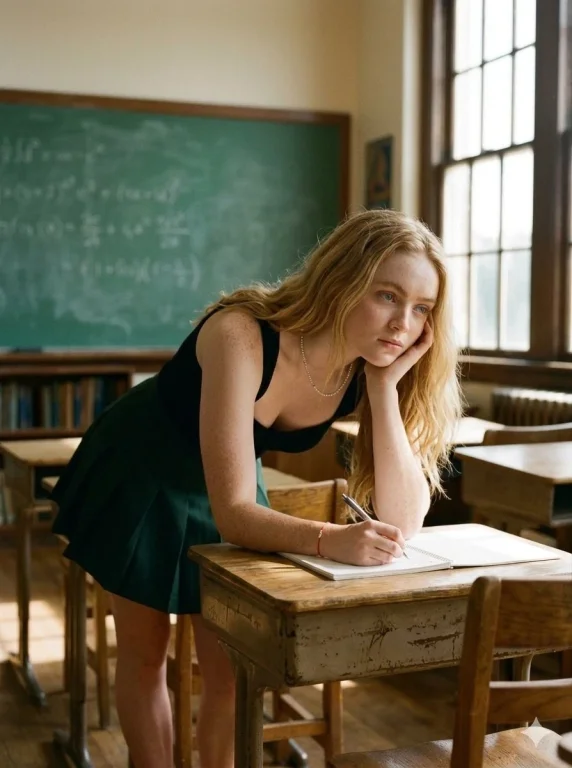 A blonde student leans over a desk in warm classroom light.