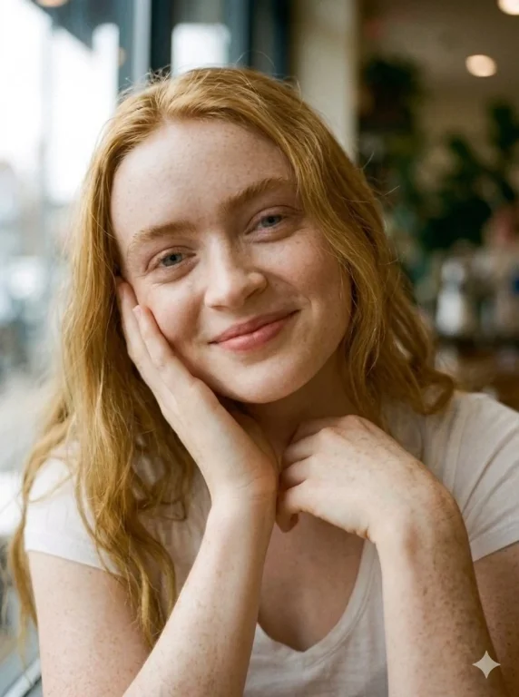 Golden-haired woman rests her chin by a rain-streaked cafe window