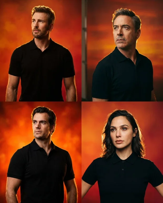 A celebrity in a black polo glows against fiery orange backdrop