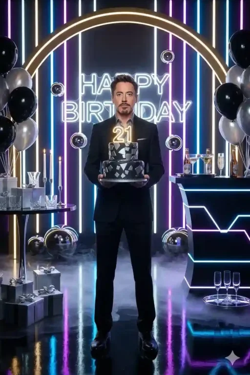 A stylish man in a black suit holds a glowing birthday cake