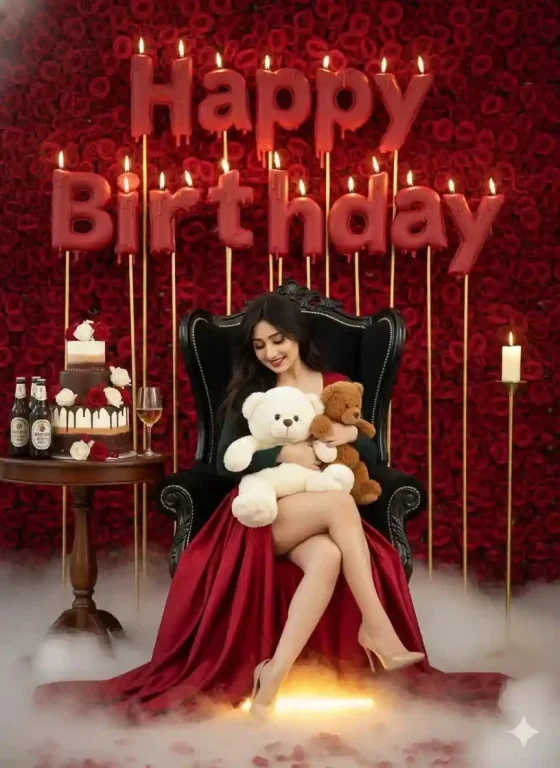 Woman in red satin gown celebrates birthday with melting candles