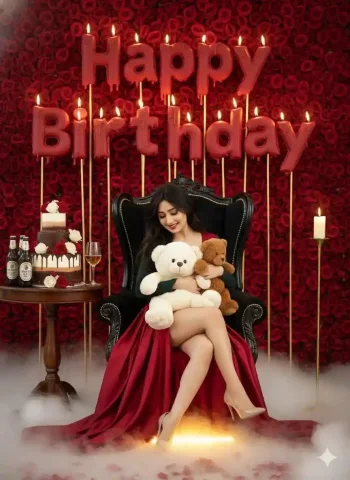 Woman in red satin gown celebrates birthday with melting candles — Nano Banana 2 AI Prompt: Hyper-realistic 8k closeup cinematic lifestyle portrait of a beautiful woman sit...