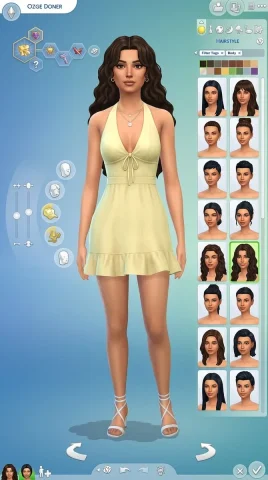 A Sims 4 Create-A-Sim screen shows Ozge in a yellow dress — Nano Banana 2 AI Prompt: Create a high-resolution wide 16:9 screenshot of a Sims 4 Create-A-Sim character...