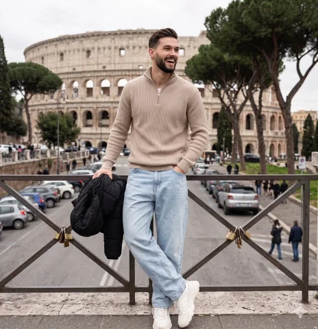 A smiling man in beige sweater leans against a railing near the Colosseum — Nano Banana 2 AI Prompt: A fit, muscular young man with short dark hair and a short dark beard stands wit...