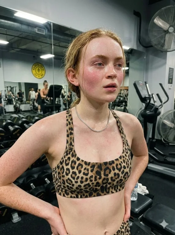 Glistening athlete pauses after intense workout in gym mirror