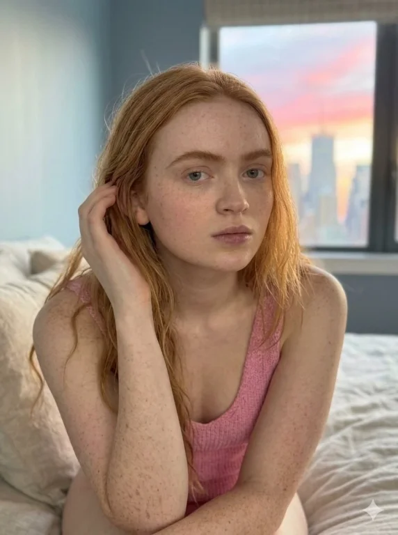 Blonde woman captures raw details on pink phone in sunset light