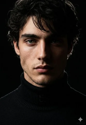 A model in split lighting wears a structured turtleneck — Nano Banana 2 AI Prompt: Use the exact same face from reference image and generate a avant-garde fashion...