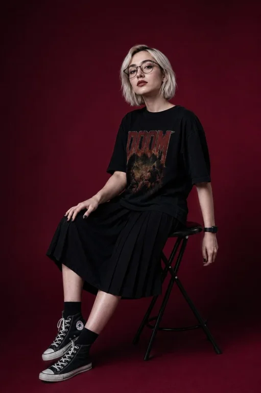 A woman with platinum hair and black roots sits on a stool