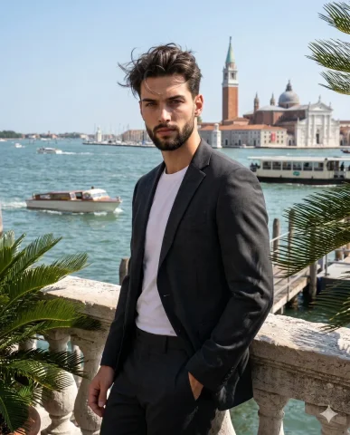 A stylish man in a suit leans against a stone balustrade — Nano Banana 2 AI Prompt: A handsome young male adult leans casually with shifted weight against a weather...