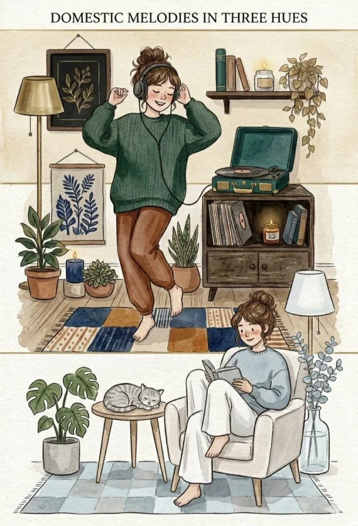 Two women enjoy tea and art in a cozy bohemian apartment.
