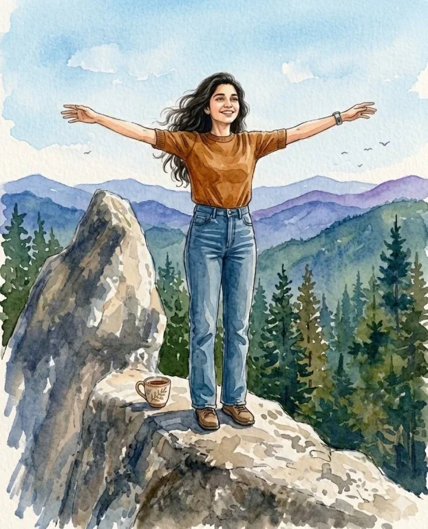 A woman in mustard sweater smiles at mountain sunrise