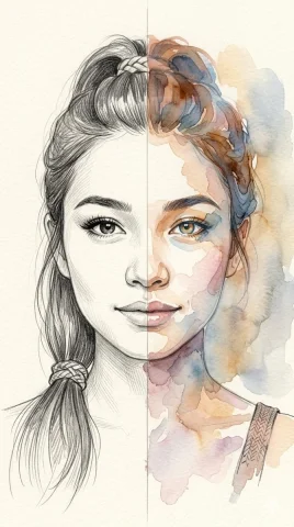 Split-medium portrait blends pencil sketch with watercolor wash — Nano Banana 2 AI Prompt: A vertical, split-medium portrait of a beautiful and cute biracial young woman....