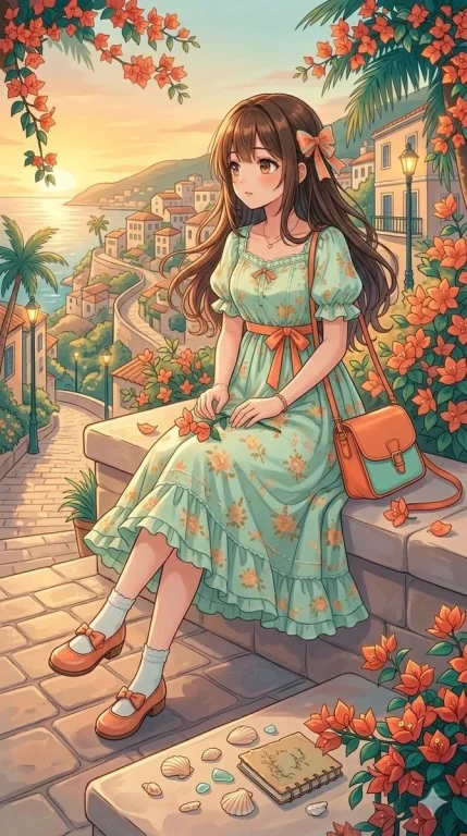 A young woman in floral dress browses a coastal market at sunset