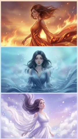 Fiery goddess, water spirit, and air elemental form a magical triptych. — Nano Banana 2 AI Prompt: A triptych anime digital art piece displaying three powerful women representing...
