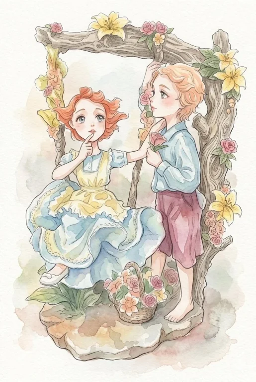 A boy offers a flower to a girl in a rustic archway