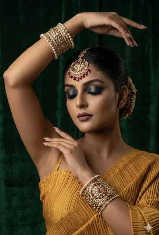South Asian elegance in a mustard saree with closed eyes — Nano Banana 2 AI Prompt: A richly detailed, high-fashion portrait photograph of an elegant Indian woman i...