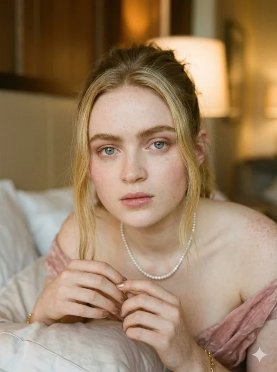 Woman in velvet gown sits on rumpled bed in warm light