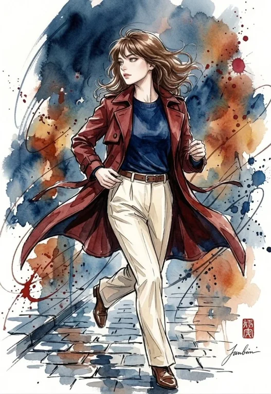 Elegant woman in burgundy coat walks through moody watercolor street