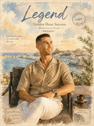 A football legend poses on a sunlit Mediterranean terrace in watercolor. — Nano Banana 2 AI Prompt: Transform this given photo to minimalist vintage watercolor portrait poster illu...