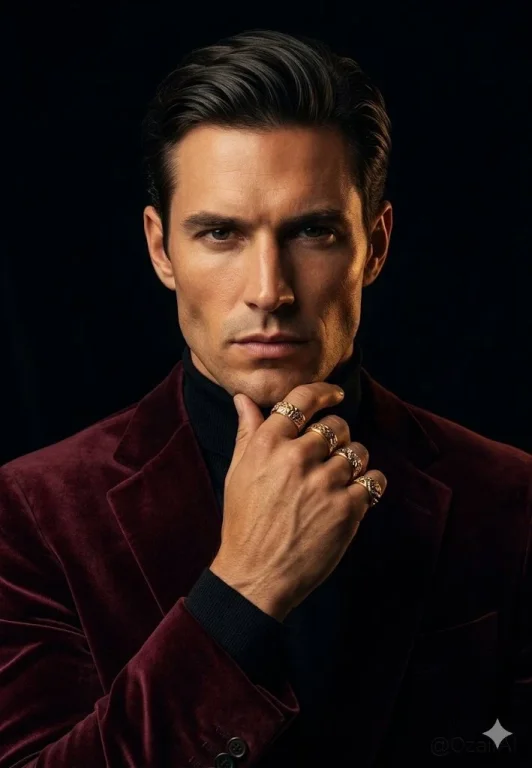 A man in burgundy velvet blazer poses with intense gaze