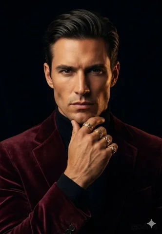 A man in burgundy velvet blazer poses with intense gaze — Nano Banana 2 AI Prompt: An American white man with sharp jawline and defined facial features, luxury men...