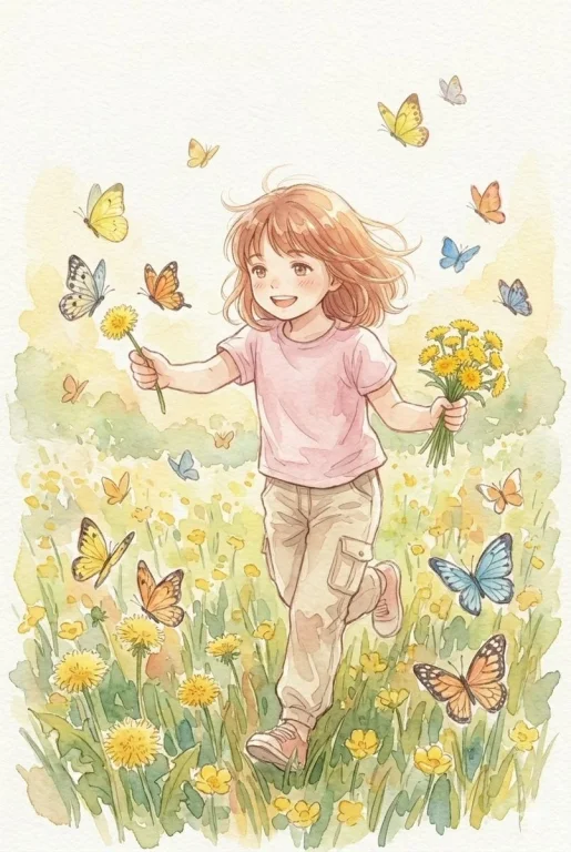 A young girl chases butterflies through a sunny meadow