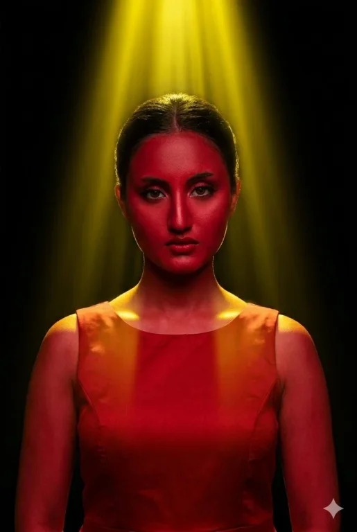 A woman in crimson red stares intensely under a yellow spotlight